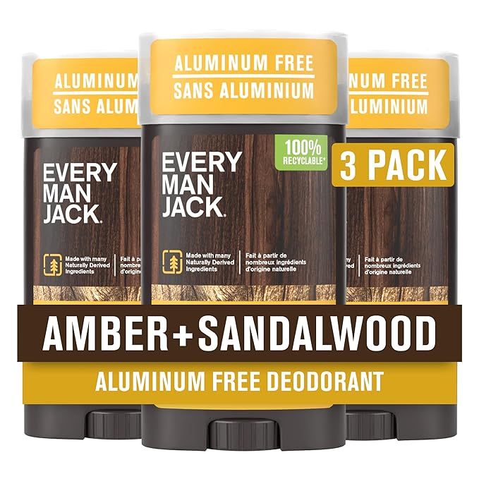 Every Man Jack Amber + Sandalwood Men’s Deodorant - Stay Fresh with Aluminum Free Deodorant For all Skin Types - Odor Crushing Long Lasting with Naturally Derived Ingredients - 3oz (3-Pack)