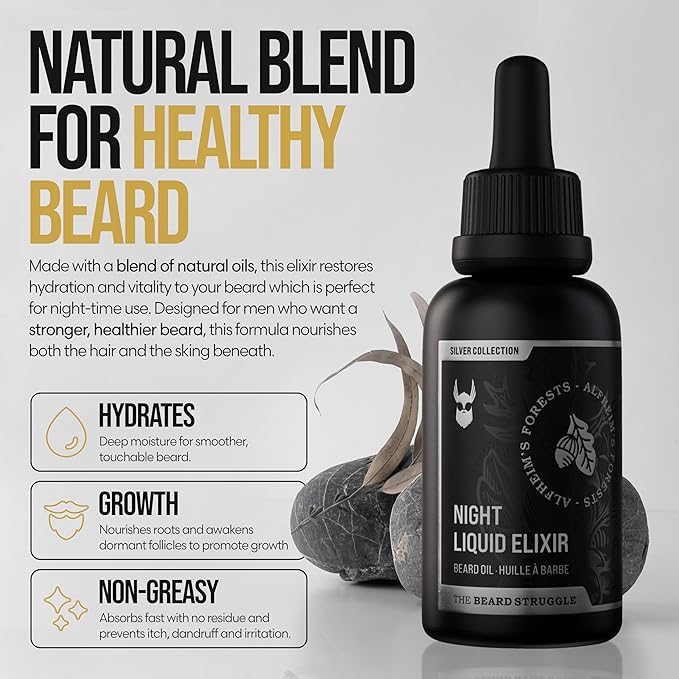 The Beard Struggle Night Liquid Elixir Beard Oil - Silver Collection - Alfheim's Forests - Softens Moisturizing &amp Healthier Beard Growth - Vegan-Friendly Beard Growth Oil (1 Fl oz)
