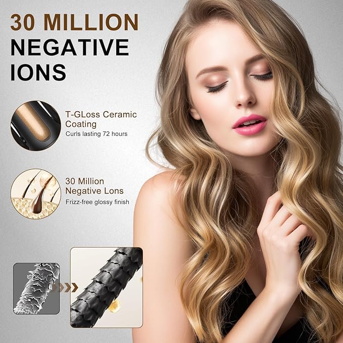 Automatic Curling Iron Beach Waves Curling Wand Portable Hair Curler3 Temperatures Fast Heating 2-Way Rotation Anti-Scald Anti-Tangle Rotating 30 Million Ionic Ceramic Coating (Black)