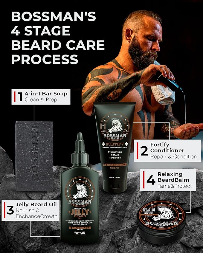 Bossman Big Boss Beard Care Kit for Men - 7 Piece Beard Grooming Kit with Jelly Beard Oil Beard Conditioner Beard Balm MUDstache Wax Bar Soap Metal Comb Brush - Gift Set for Men (Stagecoach)