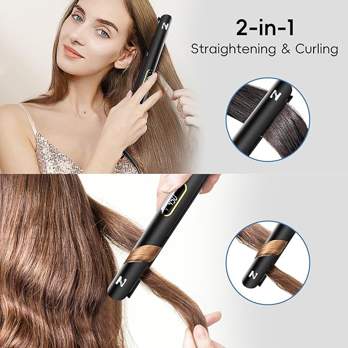 Nicebay Flat Iron Hair Straightener 1 Inch Titanium Hair Straightener &amp Curler Fast Heating5 Temp Settings Negative Ion TechnologyTravel-Friendly Smooth Salon Design