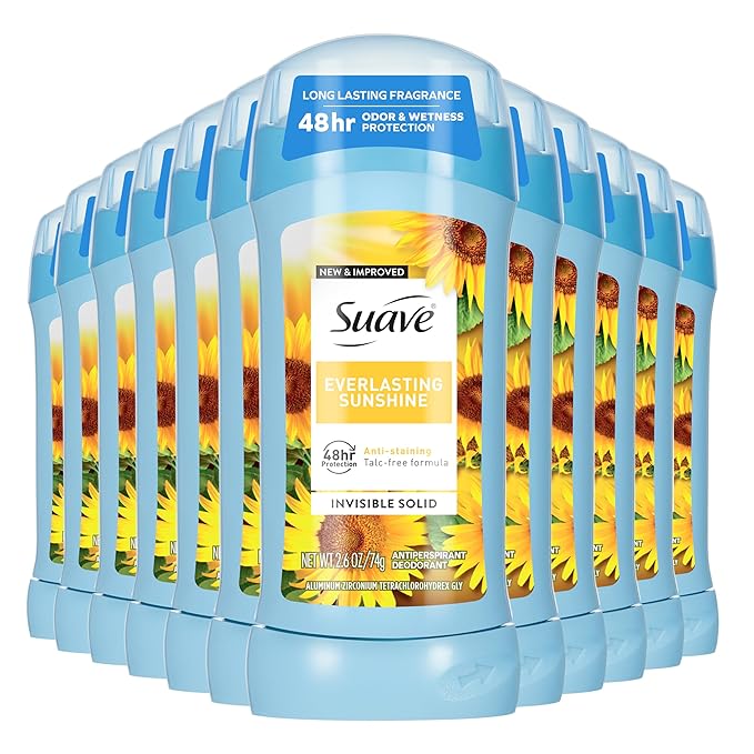Suave Antiperspirant Deodorant For Women Invisible Underarm Deodorant 48hr Odor &amp Wetness Protection Everlasting Sunshine Sensitive Skin Deodorant Solid Stick 2.6 oz (12 Bulk Pack)