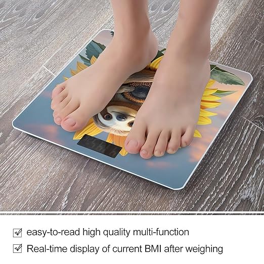 Sloth Sitting on Sunflower Bathroom Scale for Body Weight Bathroom Weighing Scales with Back Lit LED Display Sturdy Tempered Glass Body Weight Bathroom Scale 400lb Weighing