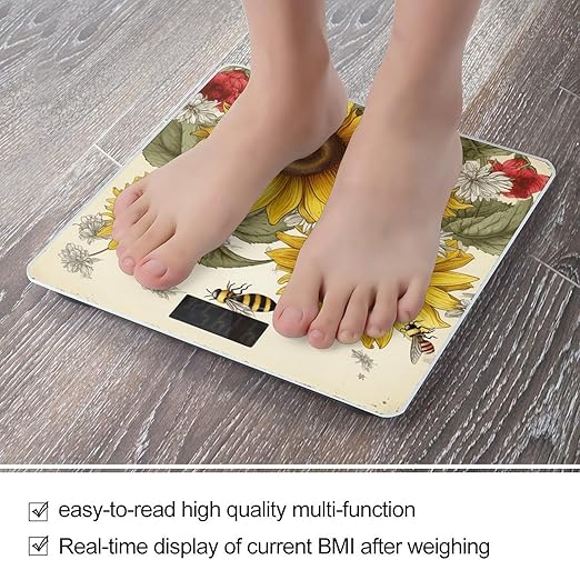 Bees Sunflowers Daisy Rose Flowers Bathroom Scale for Body Weight LCD Display Digital Bathroom Scale Tempered Glass Bathroom Weight Scales Fashion Smart Scales for Home Bedroom 400 Lb
