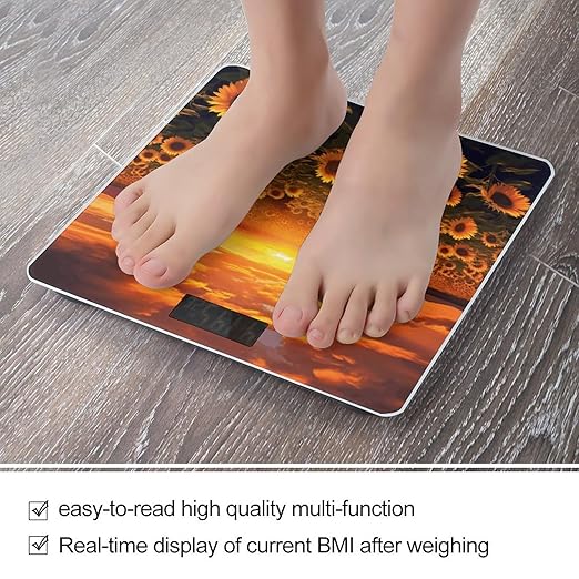Sunflower Field Sunset Sea of Flowers Bathroom Scale Rounded Smart Scale for Body Weight Automatic Power On/Off Weight Scales Accurate Bathroom Digital Scales for Pet Home Bedroom Kitchen