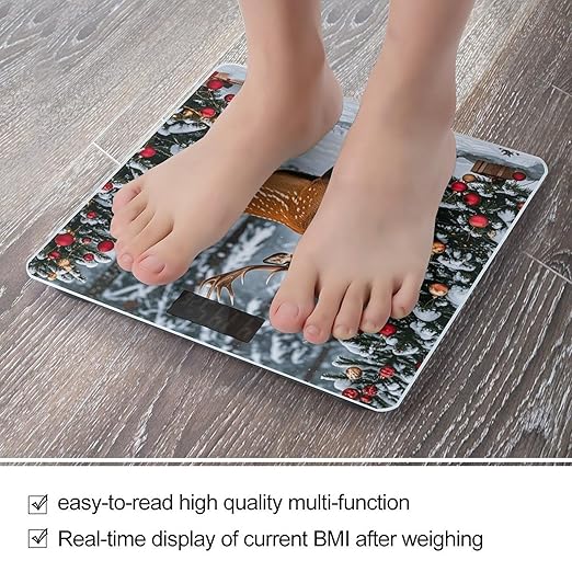 Cow Deer Trees Christmas Bathroom Scale for Body Weight LCD Display Digital Bathroom Scale Tempered Glass Bathroom Weight Scales Fashion Smart Scales for Home Bedroom 400 Lb