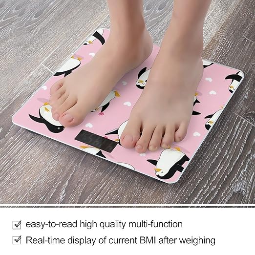 Women's Fashion Automatic Switch Digital Bathroom Weighing Scale Smart Scale Cute Cartoon Penguin and Heart Pink