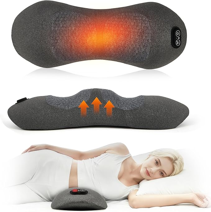 3-in-1 Electric Lumbar Support Pillow for Bed and Chair Smooth Spine Triple Fusion Back Massager with Heated Vibration and Traction for Lower Back Pain Relief and Spine Support