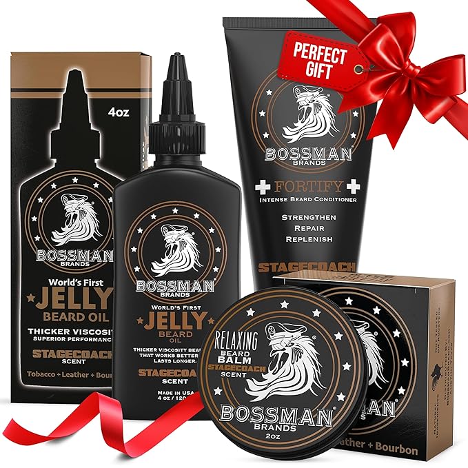 Bossman Essentials Beard Kit for Men Set of 3 - Beard Oil Jelly Fortifying Conditioner Cream Beard Balm - Grooming Growth Care Accessories - Gift Set for Men (Stagecoach)