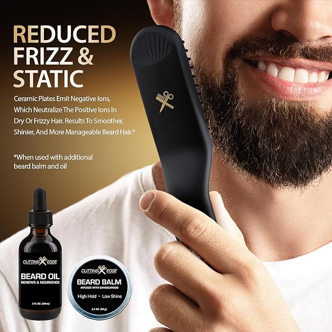 Cutting Edge Heated Beard Straightener Brush for Men Includes Beard Oil &amp Beard Balm Ceramic Heated Brush Auto Shutoff Beard Straightening Hot Comb Tool for Men