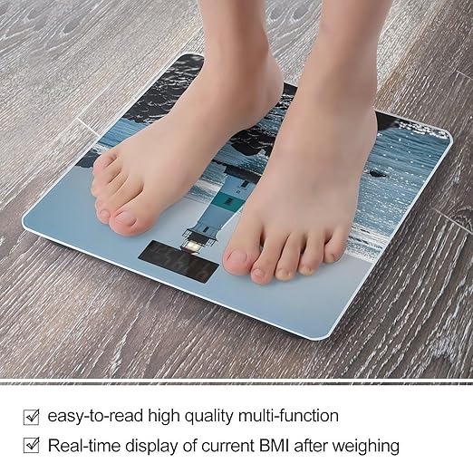 Lighthouse Ocean Bathroom Scale for Body Weight Bathroom Weighing Scales with Back Lit LED Display Sturdy Tempered Glass Body Weight Bathroom Scale 400lb Weighing