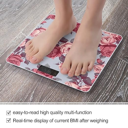 Red Roses Floral Scale for Body Weight Anti-Slip Tempered Glass Digital Bathroom Scales Clear LCD Display Weighing Scale Safe Rounded Corners Smart Scales