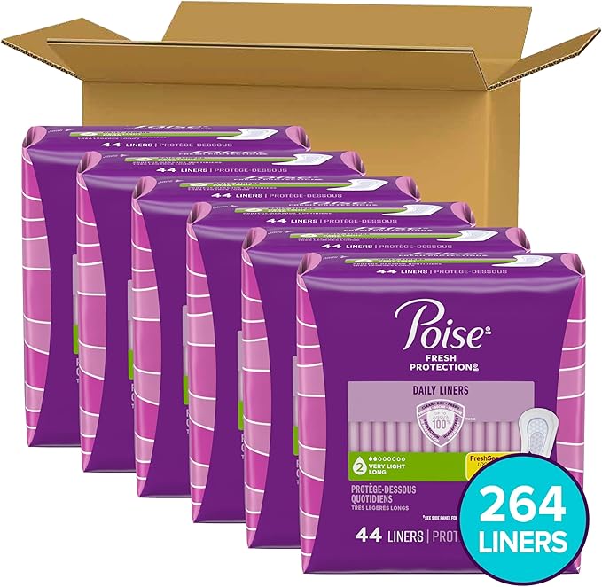 Poise Daily Liners Incontinence Panty Liners for Bladder Leaks 2 Drop Very Light Absorbency Long Length 264 Count of Pantiliners (6 Packs of 44) Packaging May Vary
