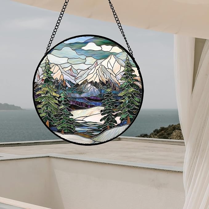 Stained Glass Window Hanging Green Trees Abstract Snow Mountain Suncatcher for Doors Window Home Landscape Sun Catchers Decor Mother's Day Birthday Gifts for Women Men Mom 9.8 in