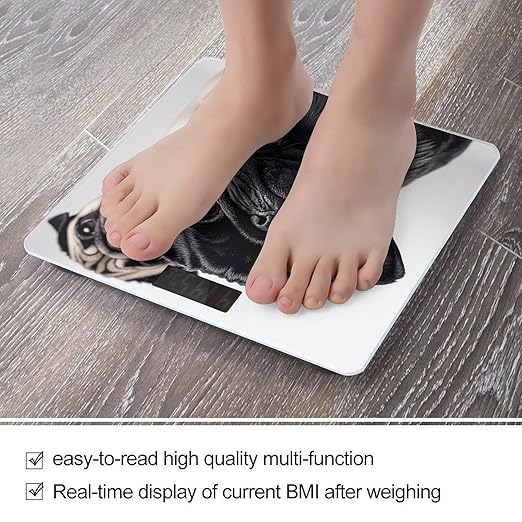 Cute Black Pug Dog Smart Scale for Body Weight Accurate Bathroom Scale with LED Display Digital Weight Scales Weighing Machine High Precision Scales for Bath Home