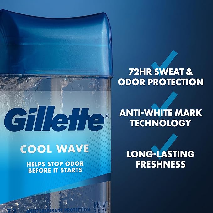 Gillette Antiperspirant and Deodorant for Men 72hr Clinical Strength Sweat &amp Odor Protection Long Lasting Freshness Anti-White Mark Technology Clear Gel Cool Wave Scent 3.8 oz (Pack of 4)