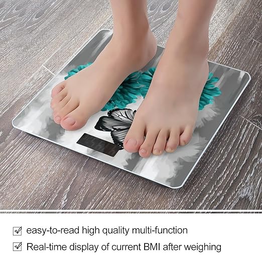Gray Teal Flower Butterfly Bathroom ScaleHighly Accurate Digital Weighing Machine for People Bright LED Display Weight Scale for The Aldult Home Use