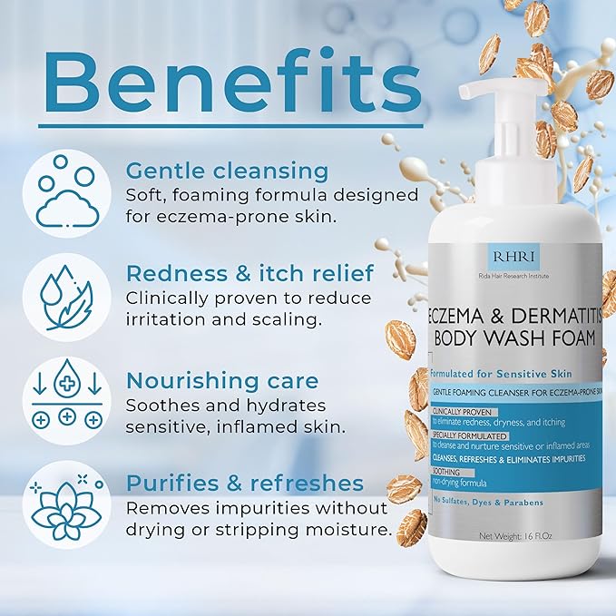 Eczema Body Wash Sensitive Skin | Eczema Treatment | Foaming Cleanser For Eczema Prone Skin | Soothes Dryness &amp Itching Gentle On Dermatitis Sulfate-Free With Free Scrubber Brush