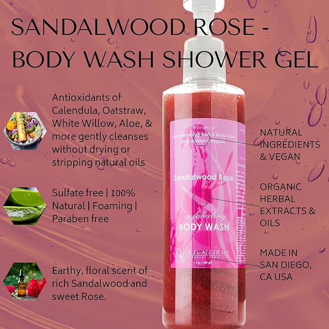 RD Alchemy - 98% Natural &amp Organic Sandalwood Rose Body Wash Shower Gel - Rich and Floral to Soothe and Enlighten while Cleansing Exfoliating and Renewing