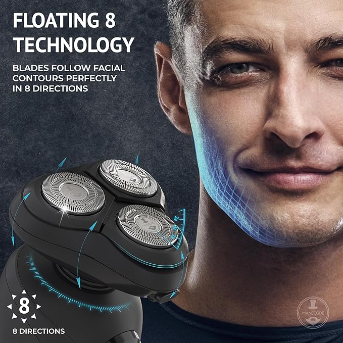 MANECODE® Electric Razor for Men - Shaver with Floating 8 Contouring Technology® and IQ Cleaning Sensor® (Charging Station)