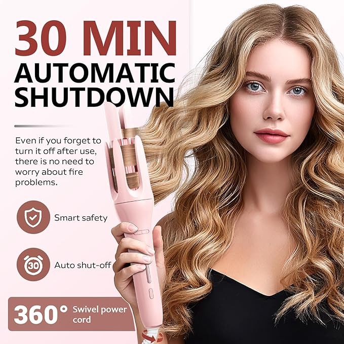 Automatic Rotating Curling Iron with 3 Temperature Fast Heating Auto Hair Curler with Timer Settings Anti-Tangle Automatic Shut-Off and Scalding for Hair Styling Pink