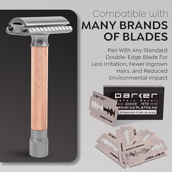 Parker THE VARIANT CLOSED COMB - ADJUSTABLE Double Edge Safety Razor Customize your Shave with a Turn of the Dial from Mild to Aggressive - 5 Blades Included (ROSE GOLD)