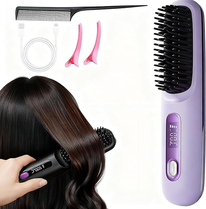 Go Brush Pro Hair Straightening Brush Portable Cordless Mini Straightener 3 Temp Auto Shut-Off Anti-Frizz Ideal for On-The-Go Styling