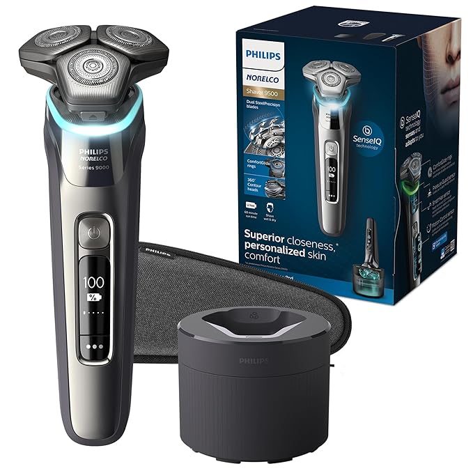 Philips Norelco Shaver Series 9000 Wet and Dry Electric Shaver with Lift &amp Cut Shaving System and SenseIQ Technology Pop-up Trimmer Cleaning Pod and Travel Case Chrome Silver Model S9985/84