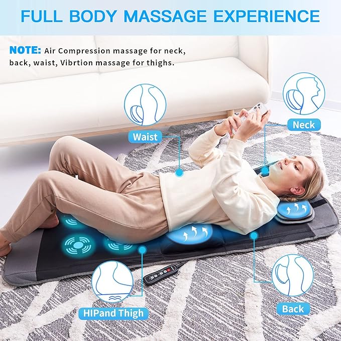 ZEBORA Full Body Massage Mat with Vibration Stretching and Pressure Massage Adjustable Pillow Height Bed Sofa Floor Home Office Massage Mat Relieve Pain for Neck Back Waist Legs Massage Pad