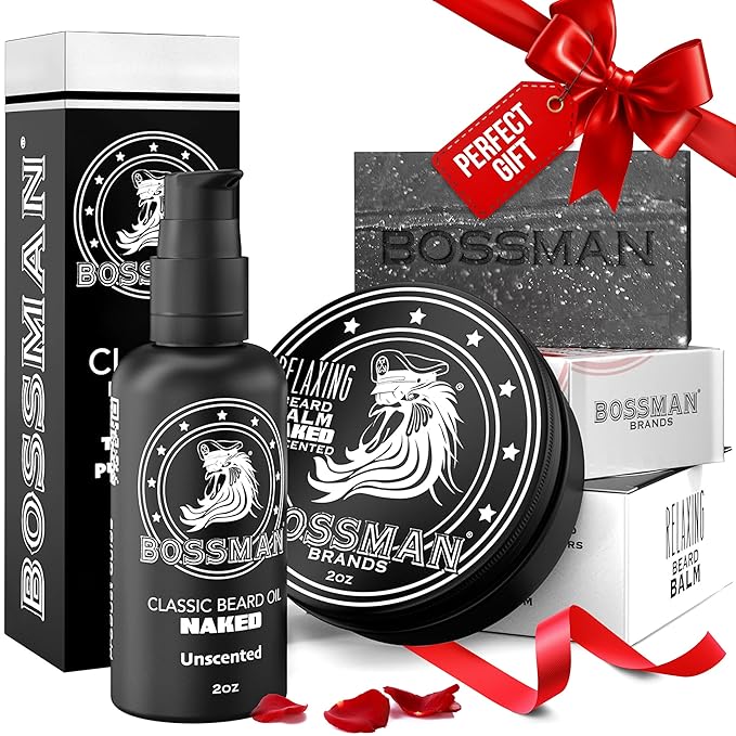 Bossman Starter Beard Kit for Men – Beard Oil (2 oz) Beard Balm &amp Bar Soap – Natural &amp Organic Grooming Kit – Made in the USA Men Gift Set (Naked – Unscented)