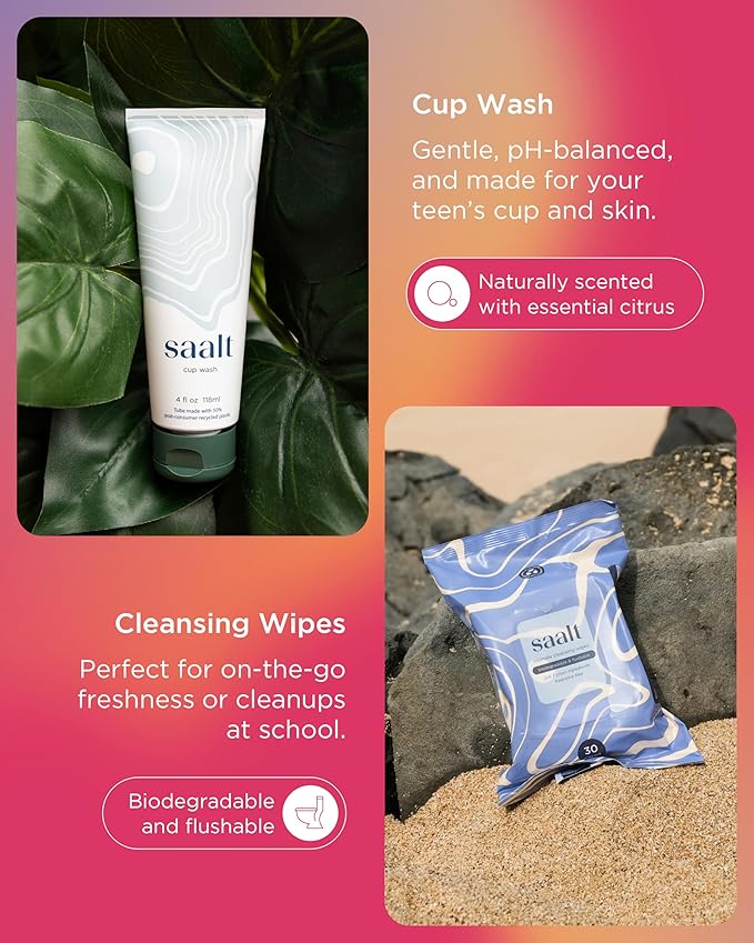 Saalt Teen First Period Kit - Includes Leakproof Period Underwear Menstrual Cup Menstrual Cup Wash Compact Sanitizer Feminine Wipes Storage Bag Saalt Stickers &amp Period Care 101 Booklet - Sma