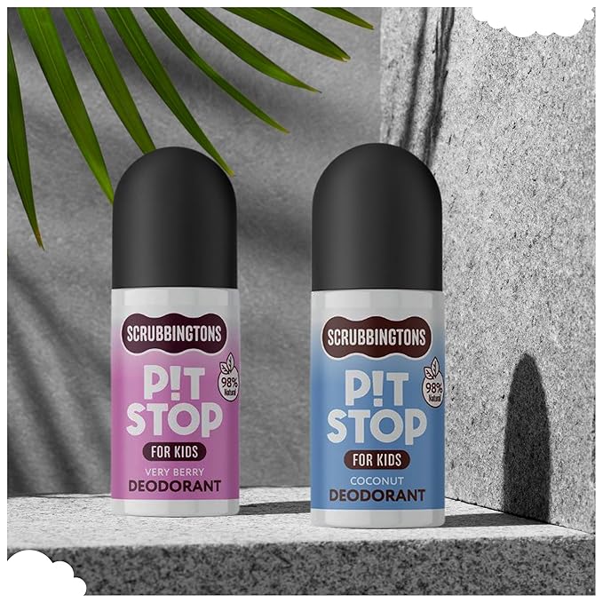 Scrubbingtons Pit Stop Kids Deodorant Natural Roll On For Children Teens. Made in UK 98% Natural Ingredients For Sensitive Skin. Paediatrician approved Aluminium &amp Alcohol Free Very Berry 75ml