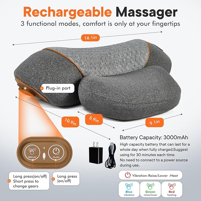 3-in-1 Heated Neck Massager Pillow for Pain Relief Deep Tissue Massage with Heat Vibration &amp Airbag Traction Portable Ergonomic Design Gift for Women/Men