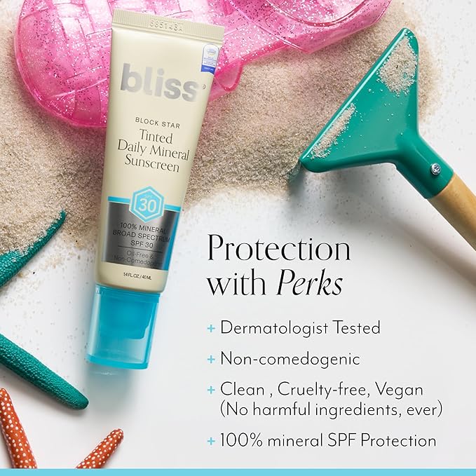 Bliss Tinted Mineral Sunscreen SPF 30 &amp Vitamin C Moisturizer Bundle - Block Star Lightweight Face Sunscreen + Bright Idea Glow-Boosting Moisturizer with Vitamin C &amp Tri-Peptides