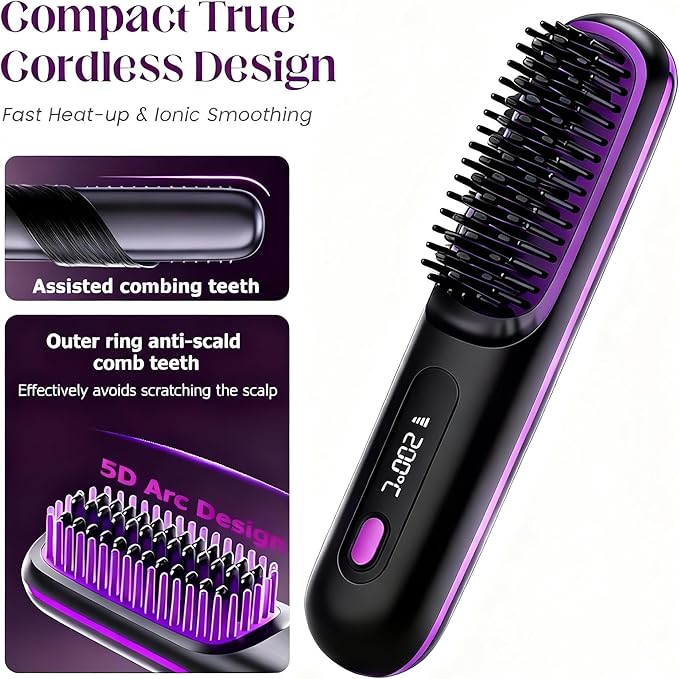 2026 New Cordless Hair Straightening Brush with LCD Display Fast Heating Portable Hair Straightener USB-C Charging for Travel Home (Purple)