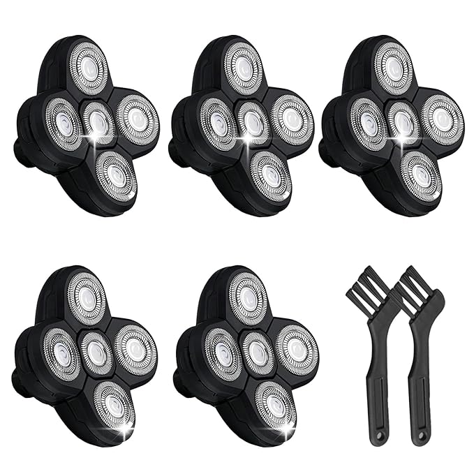 5 Replacement Heads for Universal Series Head Shaver Waterproof Blade Electric Bald Men Freedom Grooming Waterproof Razor Refills Rotary Heads Design + 2 Cleaning Brushes for Father Husband Partner