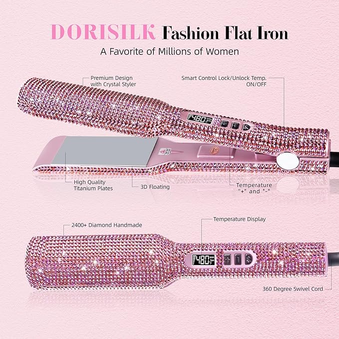 DORISILK Crystal Diamond Professional Hair Straightener 2 Inch Titanium Flat Iron Bling Rhinestone Straightening Iron Curling 2 in 1 Salon High Heat 480 °F Instant Heat Up Dual Voltage Rose Pink