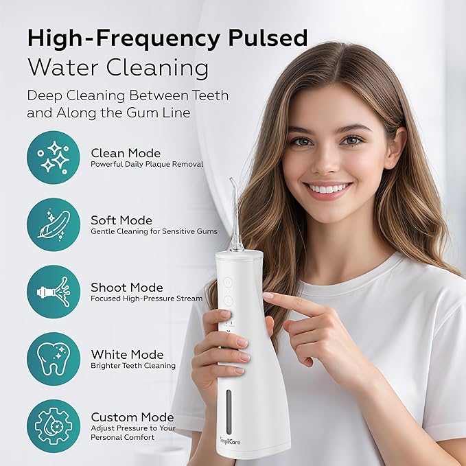 Cordless Water Flosser Oral Irrigator | 10–150 PSI Adjustable Pressure | 5 Cleaning Modes | 10 oz Tank | IPX7 Waterproof | 8 Jet Tips for Teeth Braces &amp Gums | USB-C Rechargeable (F5039W)