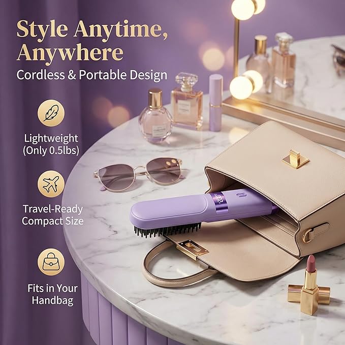 Cordless Hair Straightening Brush Portable USB Rechargeable Travel Straightener Comb with 30s Fast Heat LCD Display Dual Power Sources