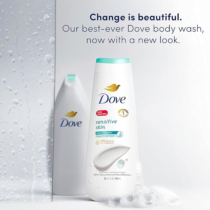Dove Body Wash Sensitive Skin 4 Count Hypoallergenic Paraben-Free Sulfate-Free Cruelty-Free Moisturizing Skin Cleanser Effectively Washes Away Bacteria While Nourishing Skin 20 oz