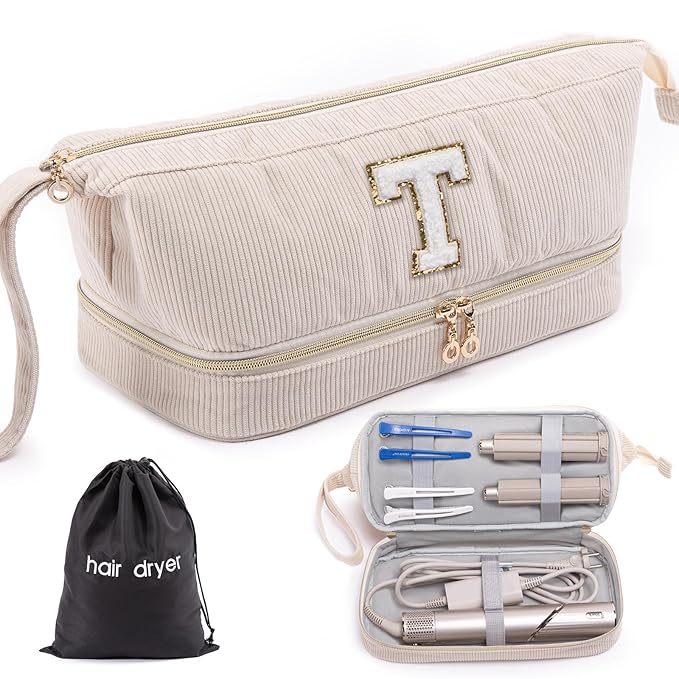 Initial Personalized Hair Dryer CaseDouble-Layer Hair Tools Travel Carrying Case for Shark FlexStyle/SmoothStyle with Hair Dryer Bag - Hair Air Wrap Dryer Case Flat Curling Iron Travel Organizer