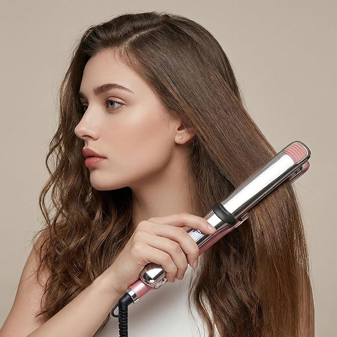 Professional Titanium Flat Iron with 1 1/4 Inch Floating Plates Hair Straightener and Curler 2 in 1 with 10 Adjustable Temp Up to 480 ℉ Negative Ion &amp Dual Voltage Fast Heating Hair Tools