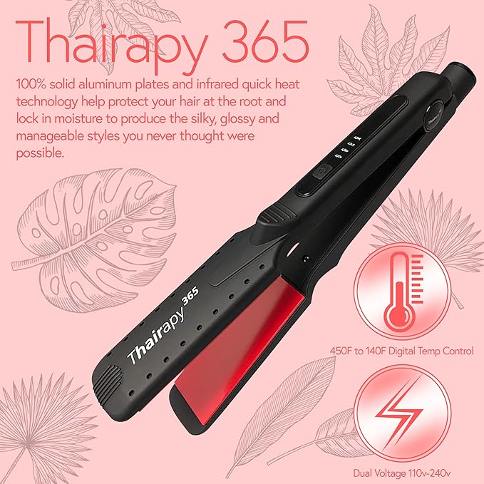 Thairapy 365 Wet or Dry Salon Quality Flat Iron Set ● 1.5 inch Extra Wide Styling Plates ● 450F to 140F Digital Temp Control - Professional Hair Straightener &amp Comb - Dual Voltage 110v-240v