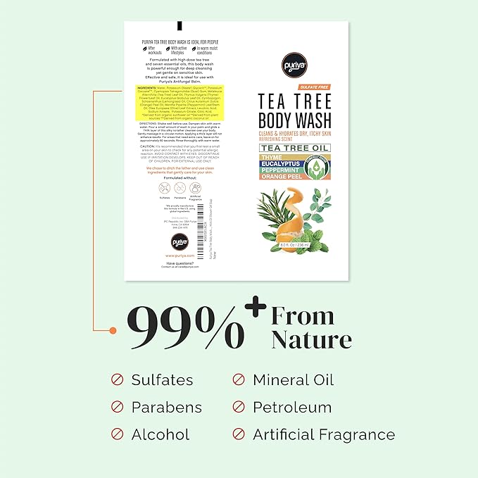 Puriya Tea Tree Body Wash Use with Jock Itch Athletes Foot Body Back Acne Treatment Moisturizing Natural Wash for Men Women Dry Skin Eucalyptus Mint Oil Shower Gel Soap