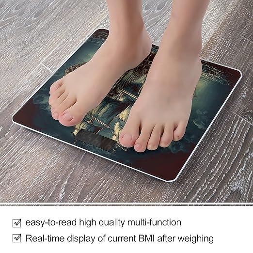 Nautical Vintage Sailing Pirate Ship Scale for Body Weight Anti-Slip Tempered Glass Digital Bathroom Scales Clear LCD Display Weighing Scale Safe Rounded Corners Smart Scales