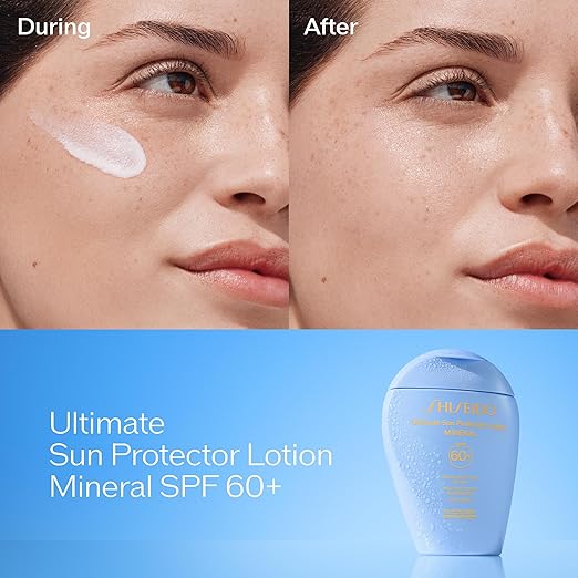 Shiseido Ultimate Sun Protector Lotion Mineral SPF 60+ - Sheer Broad-Spectrum Sunscreen for Face &amp Body - Visibly Improves Fine Lines Smoothness &amp Skin Tone - Fragrance Free All Skin Types
