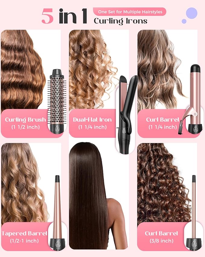 5 in 1 Curling Iron with Thermal Brush and 4 Interchangeable Ceramic Barrels(1/2 to 1 1/2 inch) Curling Wand Set with Flat Iron Fast Heating Dual Voltage Hair Curler Gifts for Women