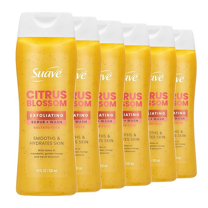 Suave Citrus Blossom Exfoliating Body Wash &amp Scrub with Glycerin &amp Vitamin E Sulfate-Free Hydrating Cleanser for Soft Smooth Skin 6 Count 18 FL OZ