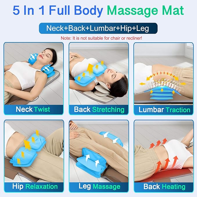Full Body Massage Mat 3D Body Stretching &amp Lumbar Traction Back Heating Traction Up &amp Down Curve Stretch Twist Left &amp Right 4 Modes 3 Intensities 3 Heat Levels PU Leather Foldable