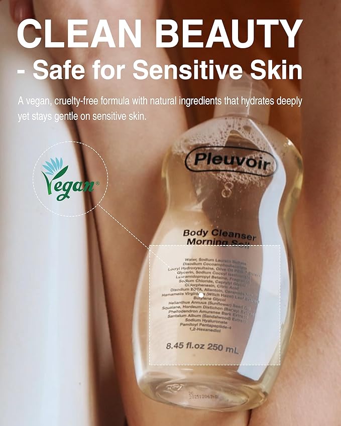 Pleuvoir Hinoki Leather Perfume Body Wash - French MANE × Japanese Cypress (Cedar &amp Musk) Unisex Woody Shower Gel Rich Moisturizing Foam with 8 Types Hyaluronic Acid Ceramides 8.45 fl.oz